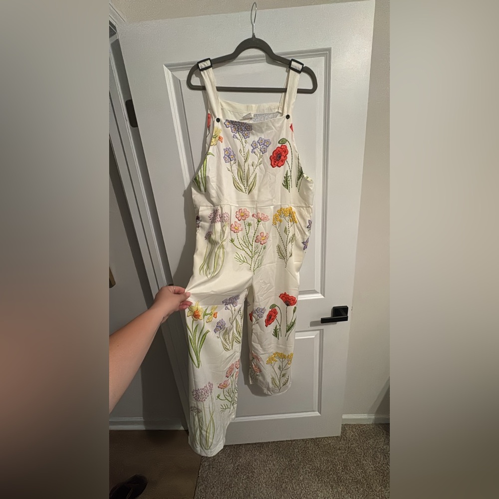 Floral Print Cream Jumpsuit with Red & Pastel Blooms